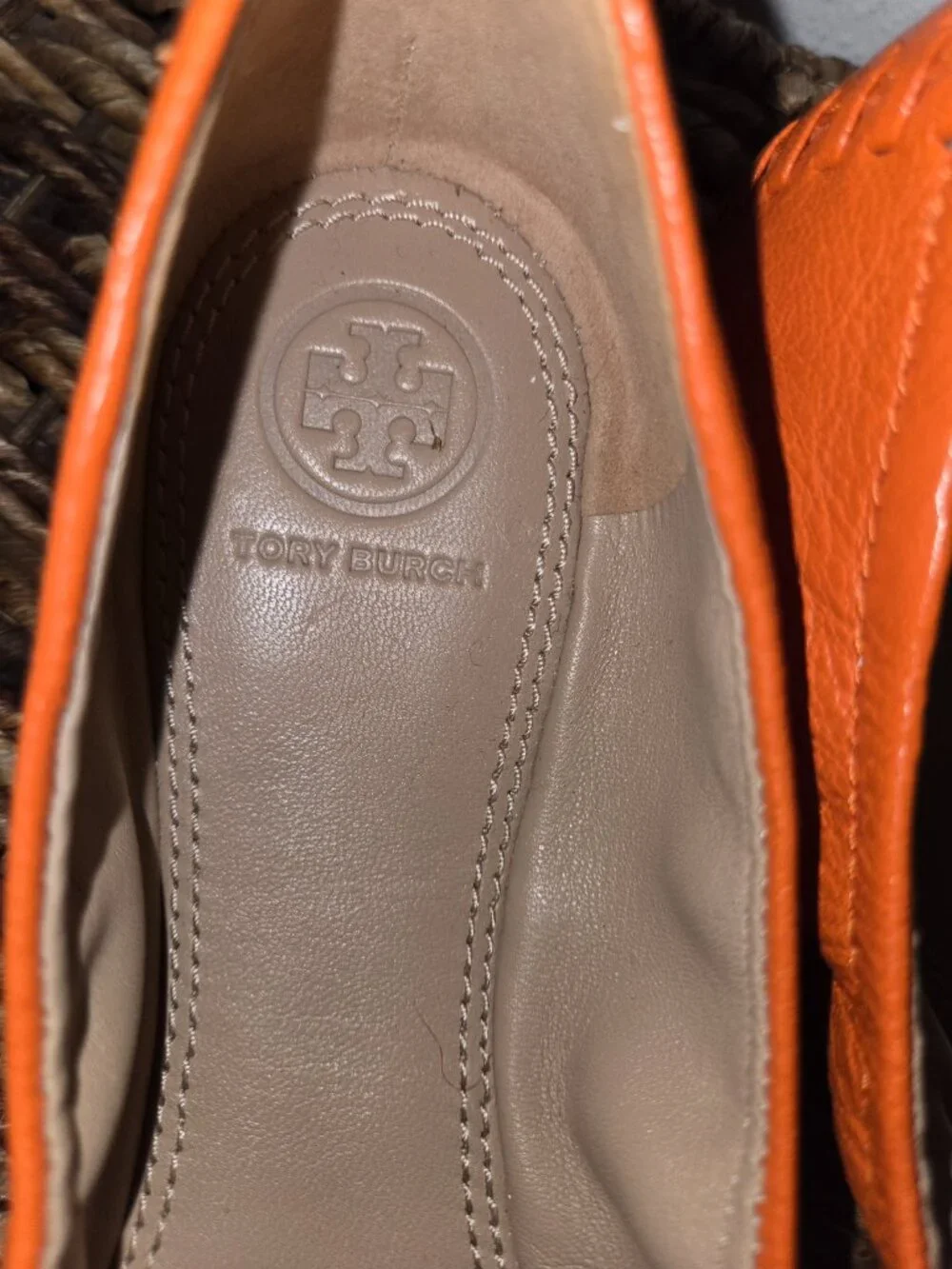 Tory Burch Orange Leather Logo Ballet Flats Gold Double T Size 8 NWOT